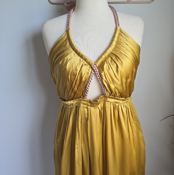 Anthropologie, New, Yellow Silk Colorblocked Silk Midi Halter Sun Dress, Size 14 - Picture 6 of 16